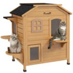 2-Story Wooden Outdoor Cat House Feral Shelter With Escape Door Asphalt Roof 4 Platforms Natural - Image 3