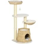 PawHut 47 Cat Tree Kitty Activity Center, Cat Climbing Toy With Cattail Fluff, Bed, Condo, Sisal Scratching Post, And Hanging Ball, Natural - Image 10