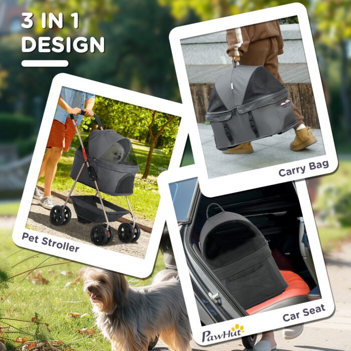 3 In 1 Pet Stroller With Detachable Carrier, Foldable Dog Stroller With Storage Basket, Cupholder, For Mini Dogs, Gray - Image 3