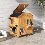 2-Story Wooden Outdoor Cat House Feral Shelter With Escape Door Asphalt Roof 4 Platforms Natural