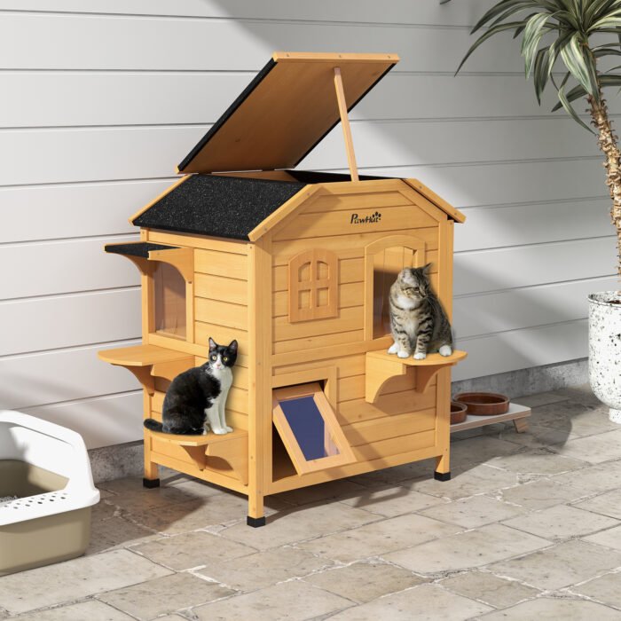 2-Story Wooden Outdoor Cat House Feral Shelter With Escape Door Asphalt Roof 4 Platforms Natural - Image 1
