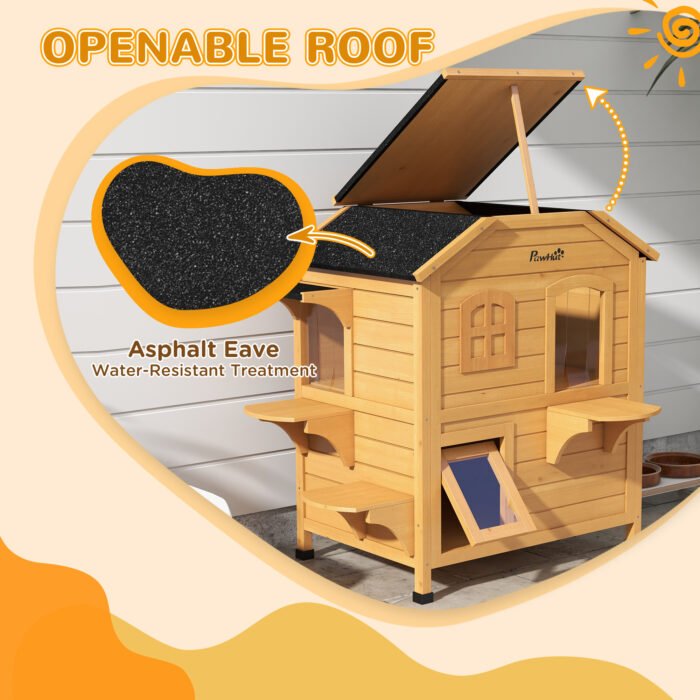 2-Story Wooden Outdoor Cat House Feral Shelter With Escape Door Asphalt Roof 4 Platforms Natural - Image 8
