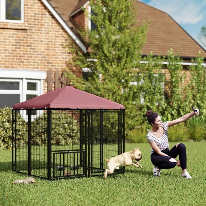 Welded Wire Outdoor Dog Kennel With 360 Rotating & 4 Levels Adjustable Bowls, Waterproof Cover, 4.6 X 4.6 X 5 - Image 5