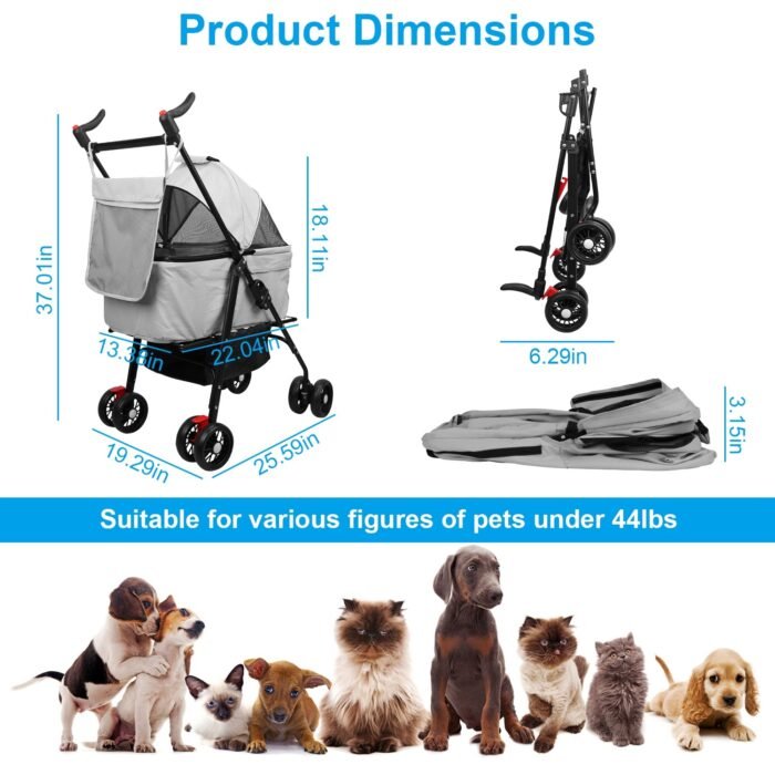 1Pc 4-Wheels Pet Stroller Foldable Carrier Strolling Cart Travel Jogger Pet Stroller With Removable Liner Storage Basket For Dog Cat - Image 5