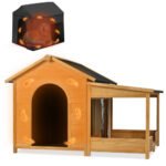 60.2 Large Outdoor Dog House With Insulated Liner For Winter Waterproof Dog Kennel For Medium & Large Dogs, Dog House With Porch And Asphalt Roof And Elevated Floor, Nature - Image 3