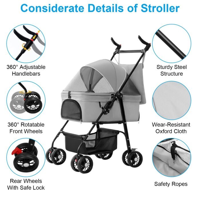 1Pc 4-Wheels Pet Stroller Foldable Carrier Strolling Cart Travel Jogger Pet Stroller With Removable Liner Storage Basket For Dog Cat - Image 7