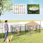 Large Outdoor Dog Kennel With Rotating & Adjustable Height Bowls, Waterproof & UV-Resistant Canopy, 11.3 X 4.7 X 5.1