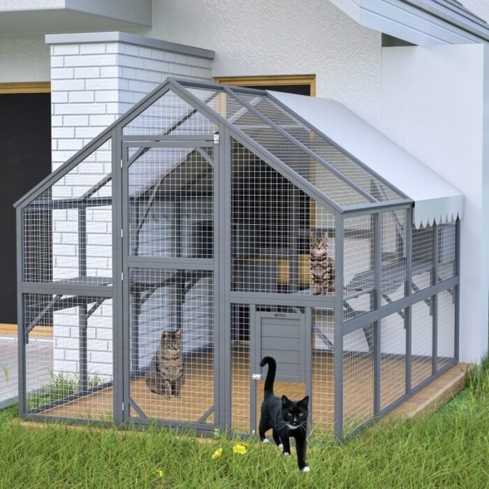 Extra Spacious Catio Outdoor Cat Haven, 110 Inch Luxury Cattery With Weather-Resistant Roof, Cat Climbing Ramp, Space Pod Bed, 2 Lounging Huts - Image 1