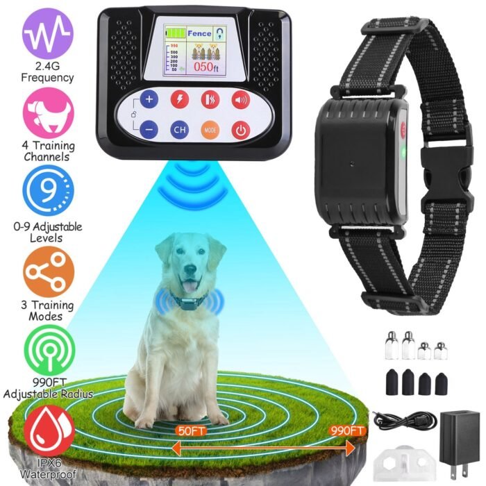 1Set 990FT Range Dog Wireless Fence Remote Training Collar IPX6 Waterproof Receiver With 0-9 Levels Beep Vibration Shock Mode 4 Channels Rechargeable Transmitter System - Image 1