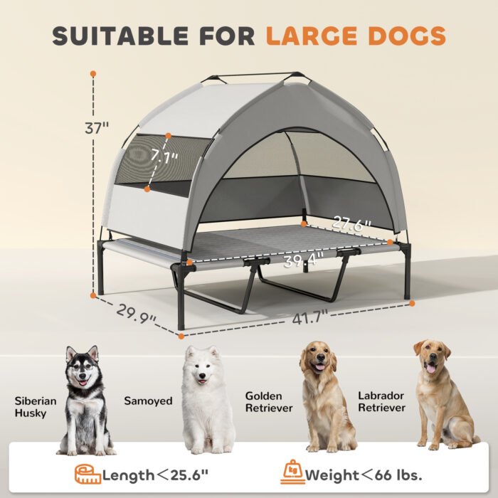 Elevated Dog Bed With Removable Canopy, Portable Outside Raised Pet Cot With Cooling Pad, Storage Bag, 42 X 30 X 37 - Image 2