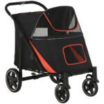 PawHut 1-Click Foldable Doggy Stroller For Medium Large Dogs, Pet Stroller With Storage, Smooth Ride With Shock Absorption, Mesh Window, Safety Leash, Big Dog Walking Stroller, Black - Image 7