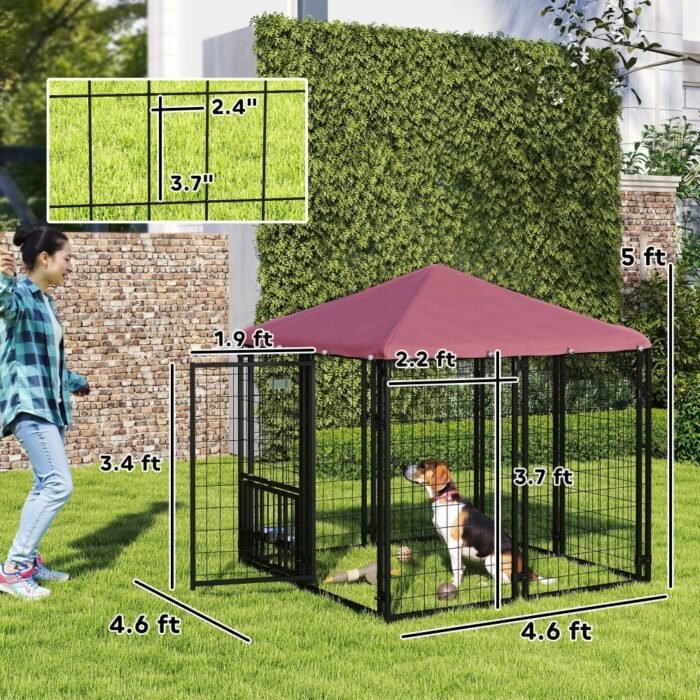 Welded Wire Outdoor Dog Kennel With 360 Rotating & 4 Levels Adjustable Bowls, Waterproof Cover, 4.6 X 4.6 X 5 - Image 4
