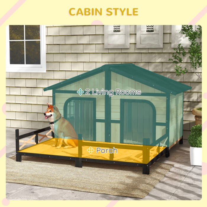 59x64x39 Large Wooden Dog House Raised Weatherproof Rustic Log Cabin Style Elevated Pet Shelter Porch Deck, Natural - Image 5