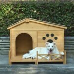 48 Wooden Dog House Outdoor With Porch, Dog Kennel With Water-Resistant Asphalt Roof And Fencing,Indoor & Outdoor Dog Crate With Paw Print, Medium, Nature - Image 2
