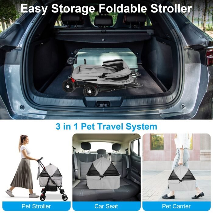 1Pc 4-Wheels Pet Stroller Foldable Carrier Strolling Cart Travel Jogger Pet Stroller With Removable Liner Storage Basket For Dog Cat - Image 3