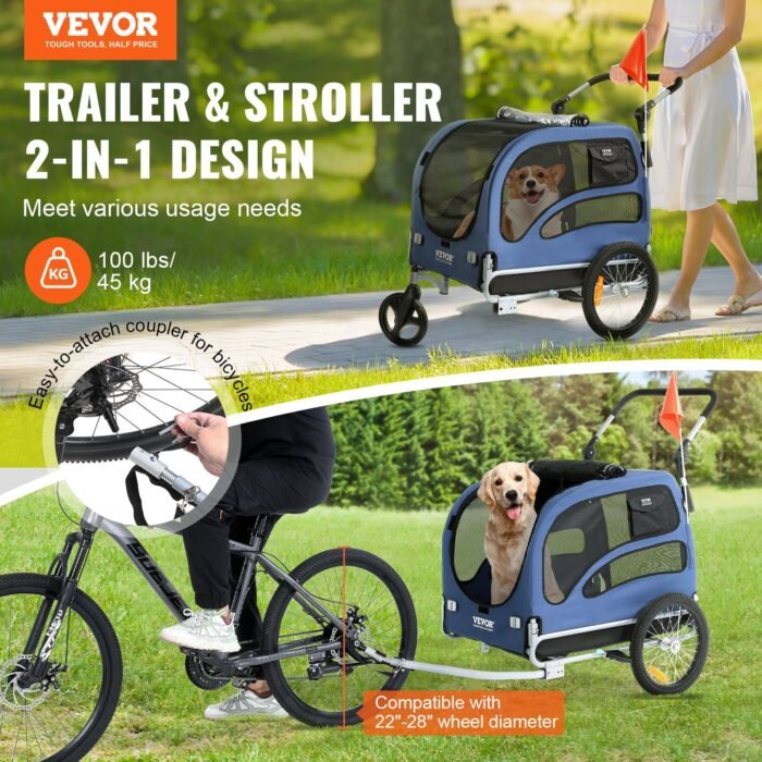 2-in-1 Pet Stroller Cart Bicycle Carrier, Easy Folding Cart Frame With Quick Release Wheels, Universal Bicycle Coupler, Reflectors, Flag, Blue Black - Image 6