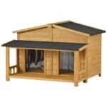 Large Wooden Dog House Outdoor Hut Style With Porch, 2 Doors - Image 3