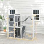 Large Wooden Outdoor, Cat Enclosure W 4 Tier Resting Rooms, 3 Platforms, 1 Soft Ladder, 2 Ramps, 1 Hammock, Gray - Image 6