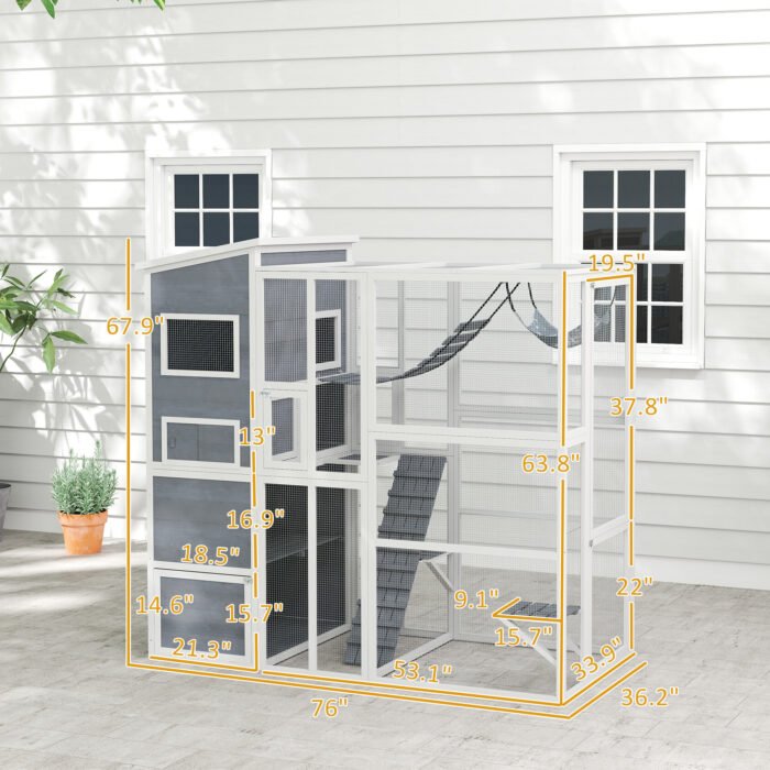 Large Wooden Outdoor, Cat Enclosure W 4 Tier Resting Rooms, 3 Platforms, 1 Soft Ladder, 2 Ramps, 1 Hammock, Gray - Image 6