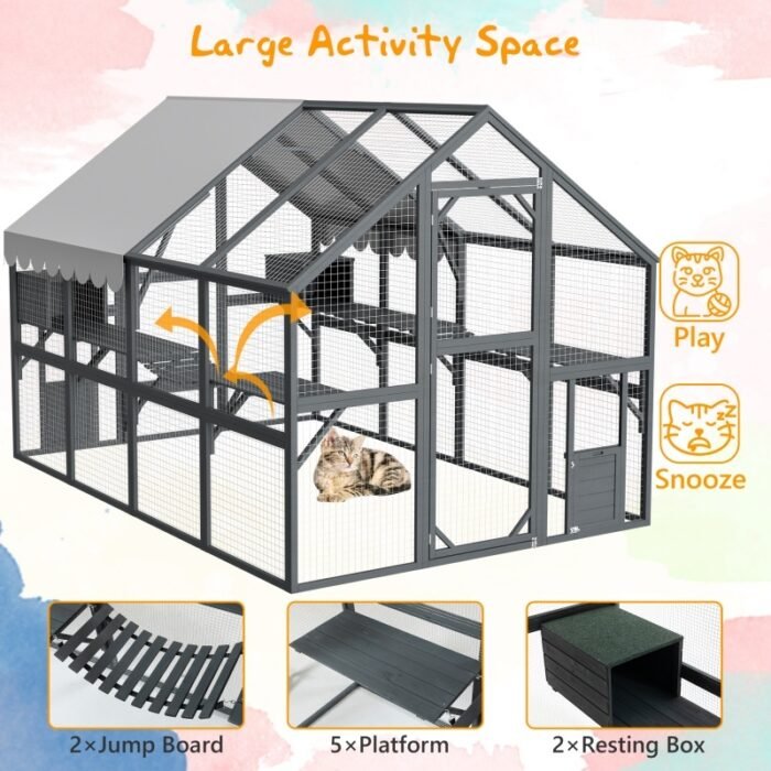 Extra Spacious Catio Outdoor Cat Haven, 110 Inch Luxury Cattery With Weather-Resistant Roof, Cat Climbing Ramp, Space Pod Bed, 2 Lounging Huts - Image 5