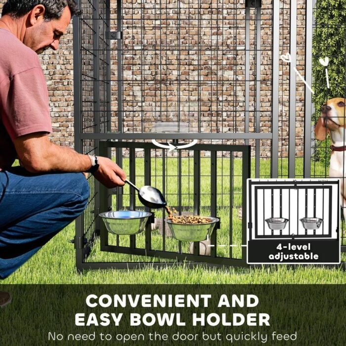 Welded Wire Outdoor Dog Kennel With 360 Rotating & 4 Levels Adjustable Bowls, Waterproof Cover, 4.6 X 4.6 X 5 - Image 2