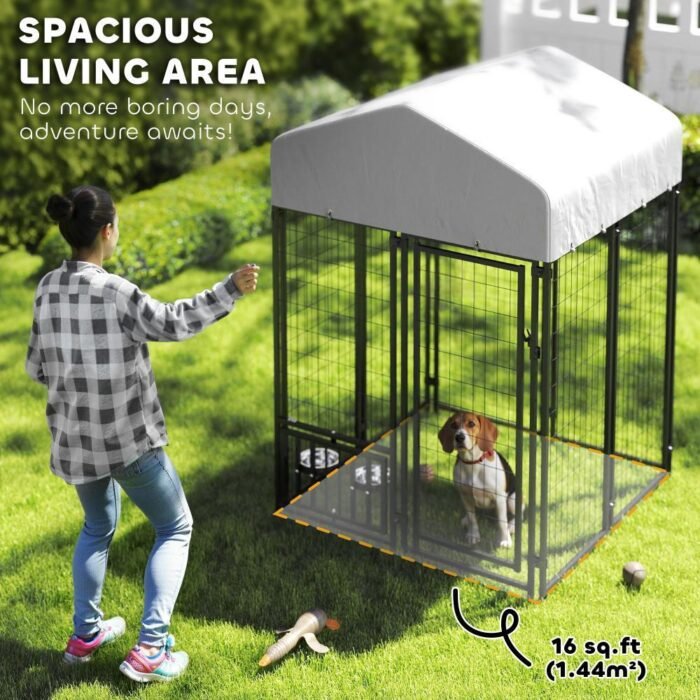 Welded Wire Outdoor Dog Kennel With 360 Rotating & 4 Levels Adjustable Bowls, Waterproof Cover, 3.9 X 3.9 X 6 - Image 4