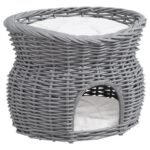 PawHut 2-Tier Wicker Cat House Elevated Pet Bed Basket Willow Kitten Tower Pet Den. With Washable Cushions 56x37x40cm Grey - Image 5