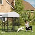 Welded Wire Outdoor Dog Kennel With 360 Rotating & 4 Levels Adjustable Bowls, Waterproof Cover, 3.9 X 3.9 X 6 - Image 3