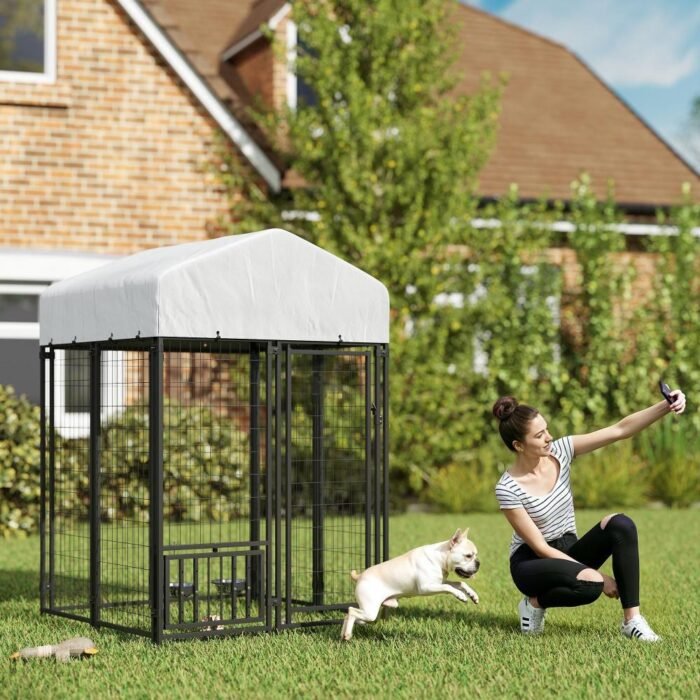 Welded Wire Outdoor Dog Kennel With 360 Rotating & 4 Levels Adjustable Bowls, Waterproof Cover, 3.9 X 3.9 X 6 - Image 3