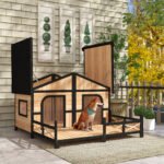 59x64x39 Large Wooden Dog House Raised Weatherproof Rustic Log Cabin Style Elevated Pet Shelter Porch Deck, Natural - Image 4