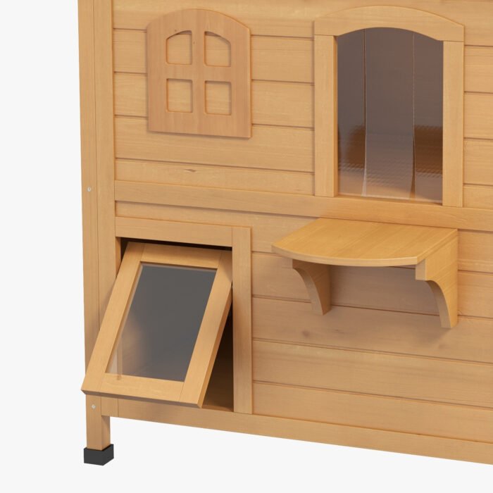 2-Story Wooden Outdoor Cat House Feral Shelter With Escape Door Asphalt Roof 4 Platforms Natural - Image 4