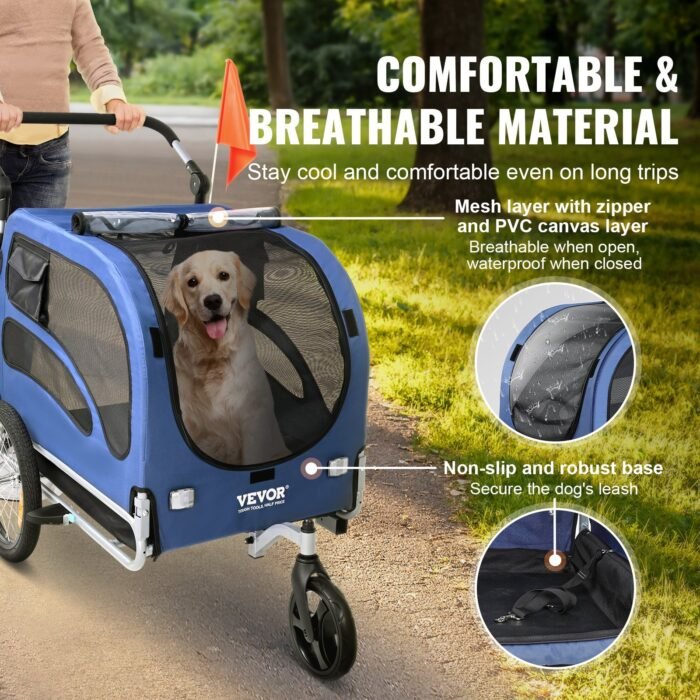 2-in-1 Pet Stroller Cart Bicycle Carrier, Easy Folding Cart Frame With Quick Release Wheels, Universal Bicycle Coupler, Reflectors, Flag, Blue Black - Image 8