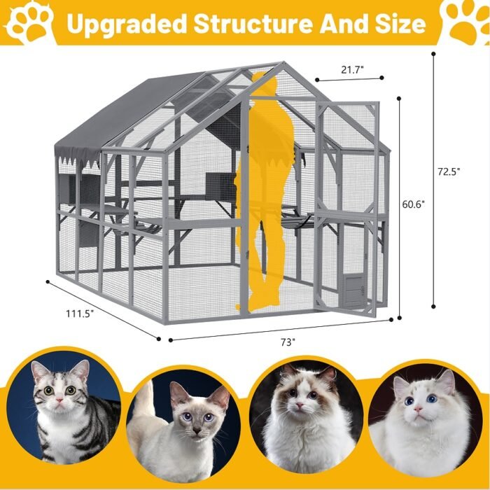 Outdoor Cat House Cat Fence, Upgraded Waterproof Cover - Gray - Image 1