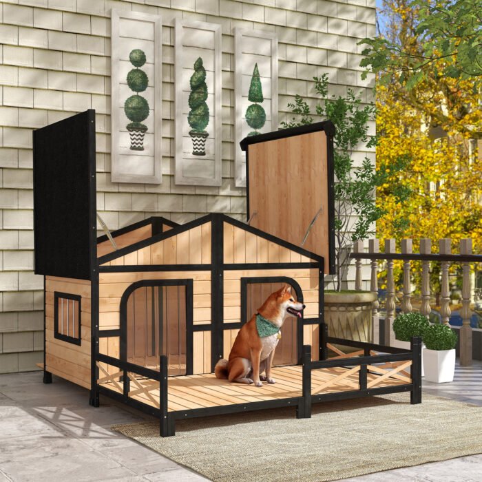 59x64x39 Large Wooden Dog House Raised Weatherproof Rustic Log Cabin Style Elevated Pet Shelter Porch Deck, Natural - Image 1