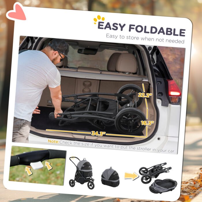 3 In 1 Pet Jogging Stroller For Small Dogs And Cats With Detachable Carrier, Storage Basket, Gray - Image 2