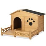 48 Wooden Dog House Outdoor With Porch, Dog Kennel With Water-Resistant Asphalt Roof And Fencing,Indoor & Outdoor Dog Crate With Paw Print, Medium, Nature - Image 8