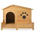 48 Wooden Dog House Outdoor With Porch, Dog Kennel With Water-Resistant Asphalt Roof And Fencing,Indoor & Outdoor Dog Crate With Paw Print, Medium, Nature - Image 5