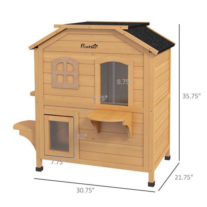 2-Story Wooden Outdoor Cat House Feral Shelter With Escape Door Asphalt Roof 4 Platforms Natural - Image 6