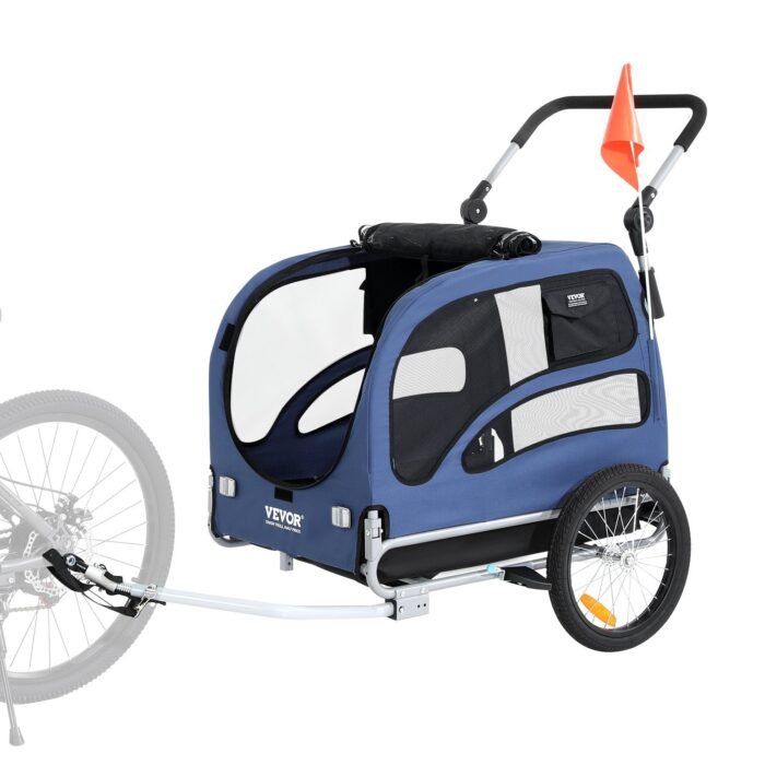 2-in-1 Pet Stroller Cart Bicycle Carrier, Easy Folding Cart Frame With Quick Release Wheels, Universal Bicycle Coupler, Reflectors, Flag, Blue Black - Image 7
