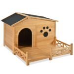 48 Wooden Dog House Outdoor With Porch, Dog Kennel With Water-Resistant Asphalt Roof And Fencing,Indoor & Outdoor Dog Crate With Paw Print, Medium, Nature - Image 3