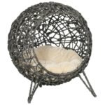 PawHut Rattan Elevated Cat Bed House Kitten Basket Ball Shaped Pet Furniture W Removable Cushion - Silver-Tone And Grey - Image 3