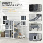 Large Wooden Outdoor, Cat Enclosure W 4 Tier Resting Rooms, 3 Platforms, 1 Soft Ladder, 2 Ramps, 1 Hammock, Gray - Image 4