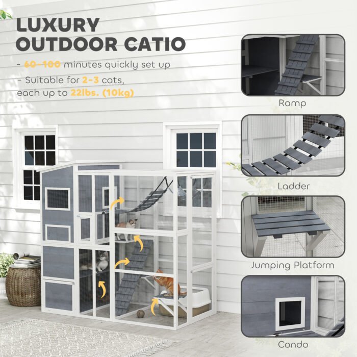 Large Wooden Outdoor, Cat Enclosure W 4 Tier Resting Rooms, 3 Platforms, 1 Soft Ladder, 2 Ramps, 1 Hammock, Gray - Image 4