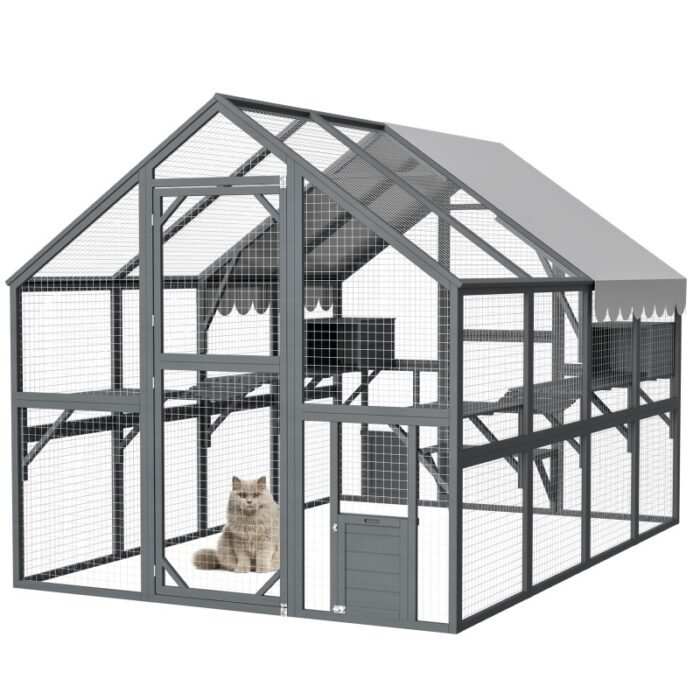 Extra Spacious Catio Outdoor Cat Haven, 110 Inch Luxury Cattery With Weather-Resistant Roof, Cat Climbing Ramp, Space Pod Bed, 2 Lounging Huts - Image 7