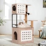 Cat Tree With Litter Box Enclosure, Allinone Cat Tower For Indoor Cats With Large Hammock, Bed, Food Station, Scratching Posts, Modern Style Pet Furniture, Gray White - Image 4