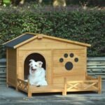 48 Wooden Dog House Outdoor With Porch, Dog Kennel With Water-Resistant Asphalt Roof And Fencing,Indoor & Outdoor Dog Crate With Paw Print, Medium, Nature - Image 6