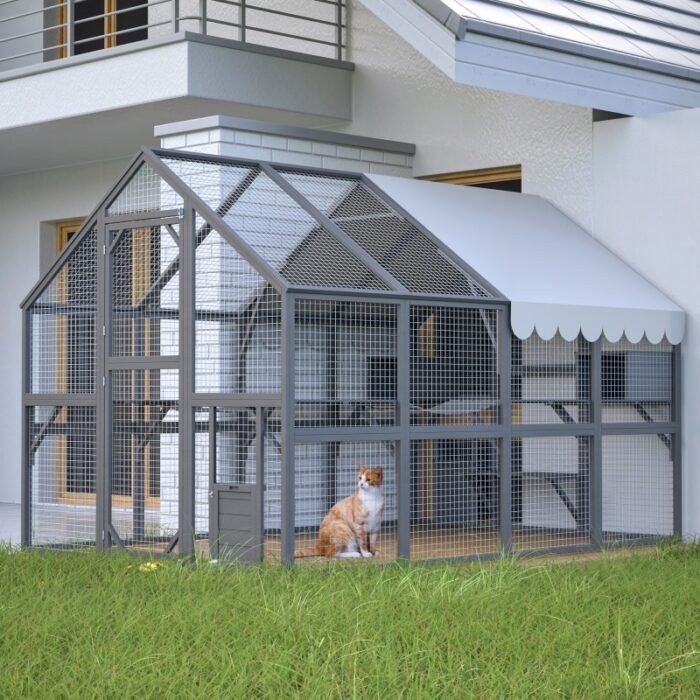 Extra Spacious Catio Outdoor Cat Haven, 110 Inch Luxury Cattery With Weather-Resistant Roof, Cat Climbing Ramp, Space Pod Bed, 2 Lounging Huts - Image 9