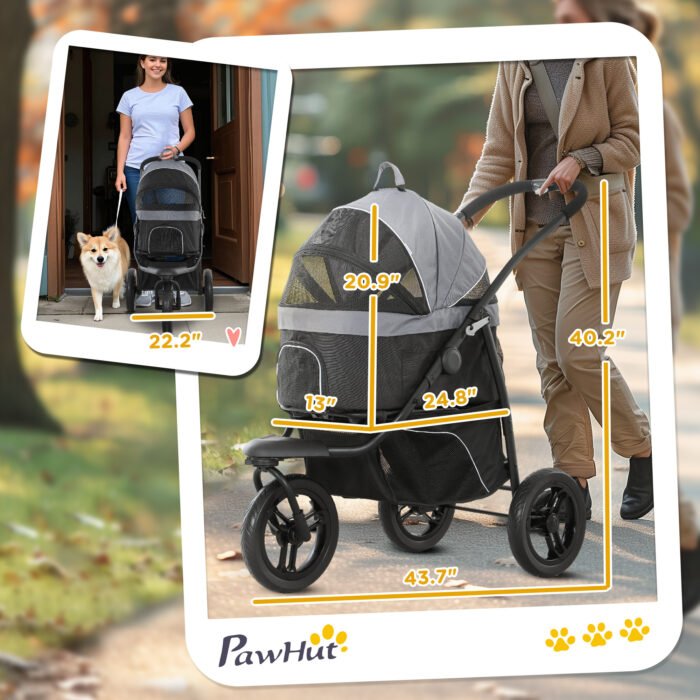 3 In 1 Pet Jogging Stroller For Small Dogs And Cats With Detachable Carrier, Storage Basket, Gray - Image 3