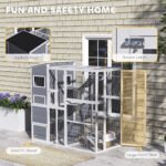 Large Wooden Outdoor, Cat Enclosure W 4 Tier Resting Rooms, 3 Platforms, 1 Soft Ladder, 2 Ramps, 1 Hammock, Gray - Image 3