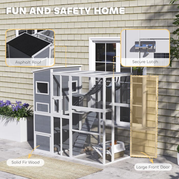 Large Wooden Outdoor, Cat Enclosure W 4 Tier Resting Rooms, 3 Platforms, 1 Soft Ladder, 2 Ramps, 1 Hammock, Gray - Image 3
